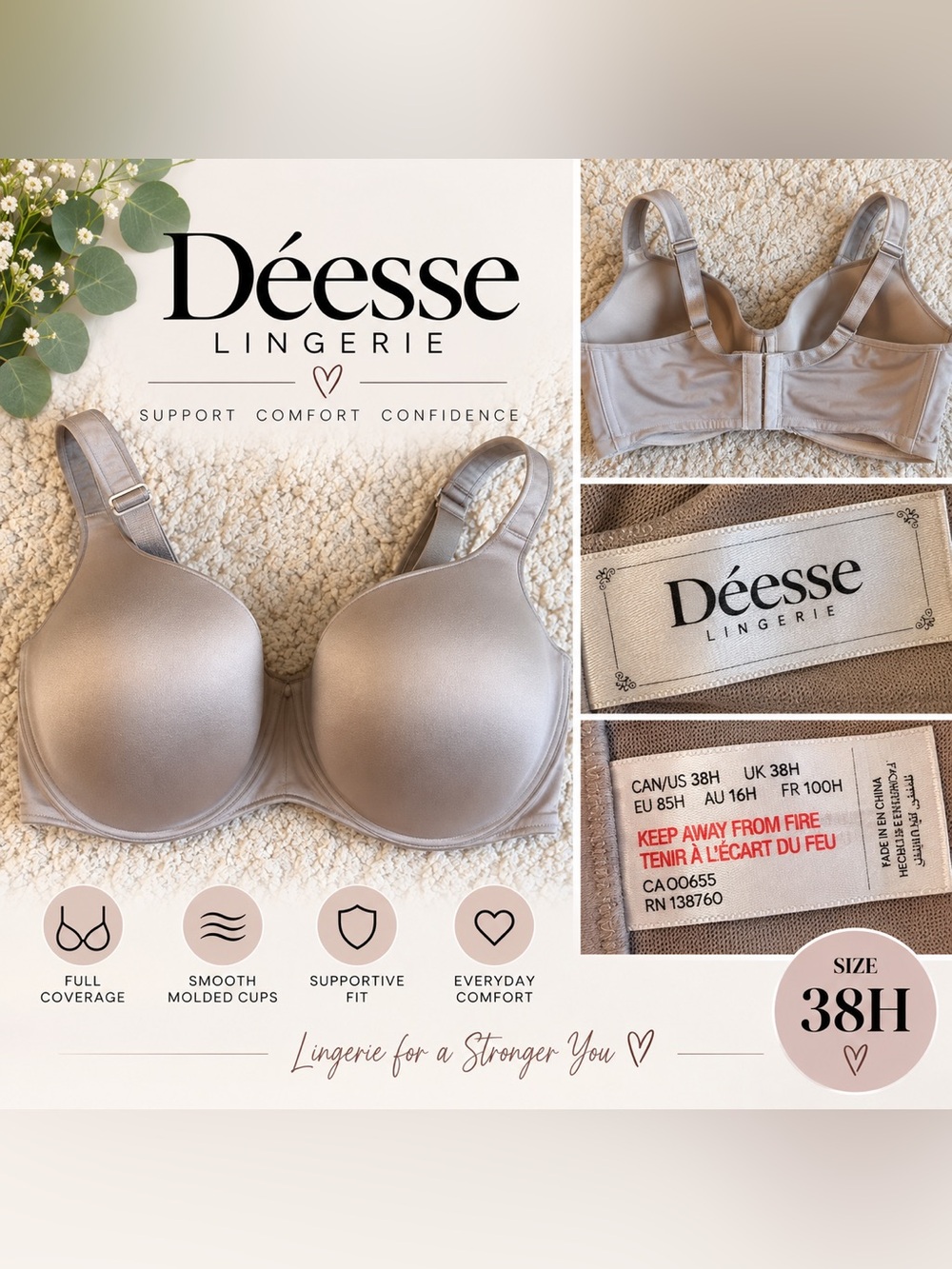 Deesse Lingerie Taupe Smooth Molded Support Bra 38H